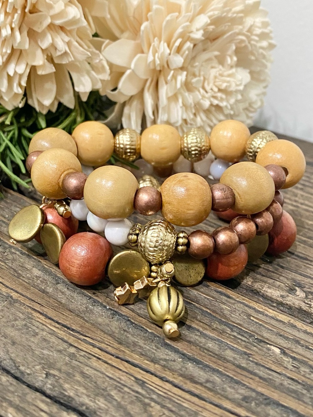 Boho Wooden Beaded Bracelet Stack, Copper & Marble tones